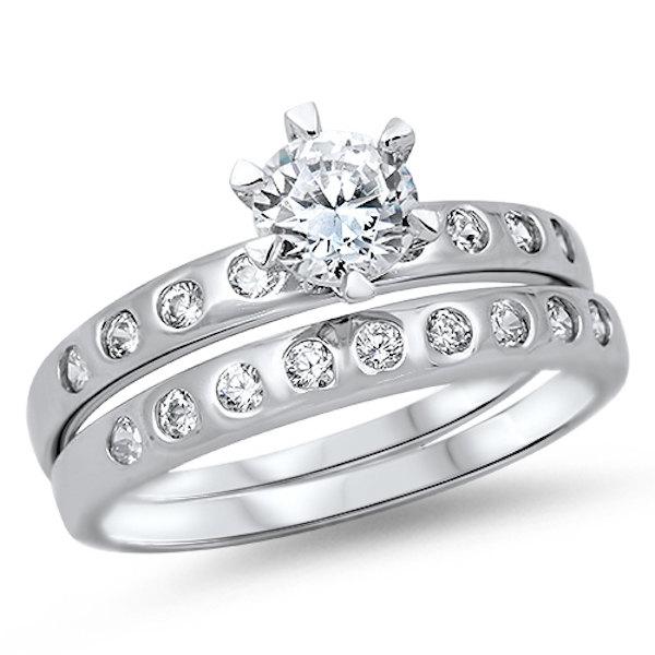 زفاف - 1.30 Carat Round Diamond Clear White CZ Solitaire Accent Bezel Set Accent Solid 925 Sterling Silver Wedding Engagement Bridal Ring Band Set