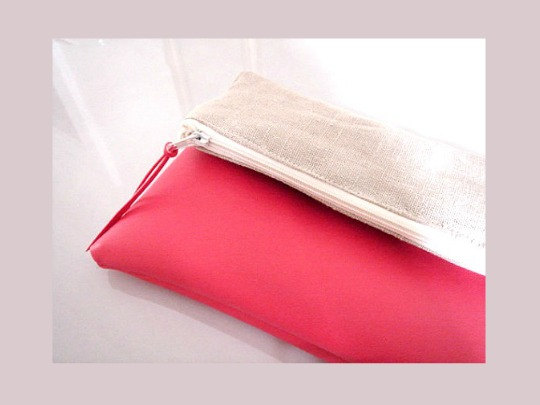 Mariage - Linen and faux leather foldover clutch bag Bridesmaid gift hot pink vegan leather clutch linen clutch country wedding coral red holiday bag