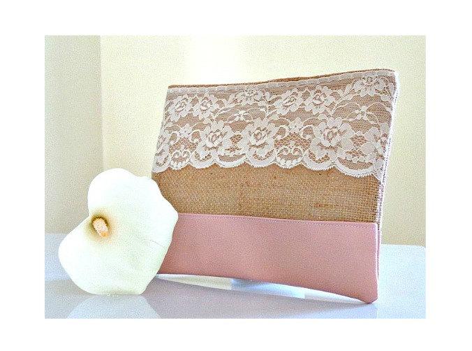 Hochzeit - Burlap and lace clutch bag blush pink wedding purse faux leather clutch bridesmaid gift country wedding Christmas gift cosmetic bag holiday