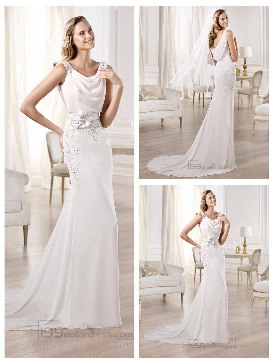 Hochzeit - Beaded Straps Draped Boat Neck And Back Wedding Dresses Featuring Applique