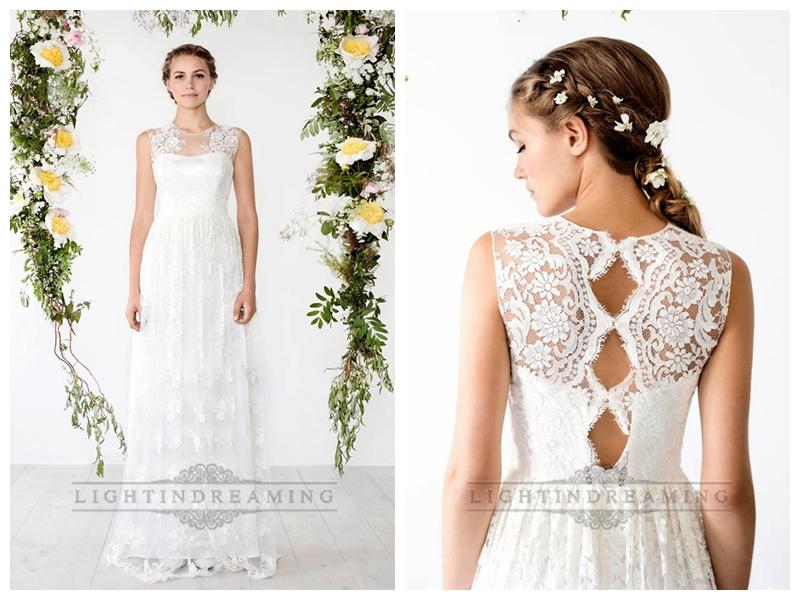 Hochzeit - Illusion Neckline Sheath Lace Over Wedding Dress with Keyhole Back