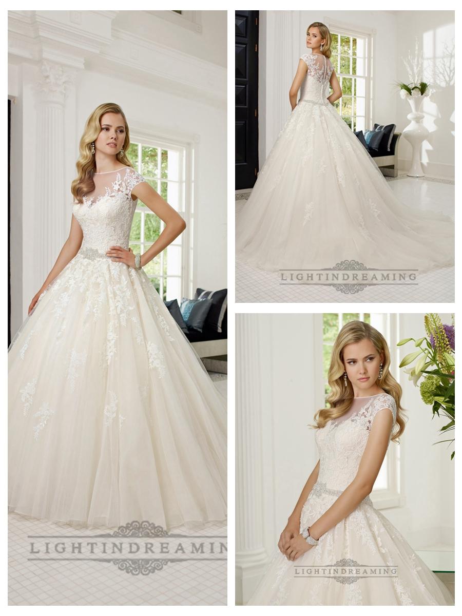 Mariage - Short Sleeves Illusion Boat Neckline A-line Lace Appliques Wedding Dresses