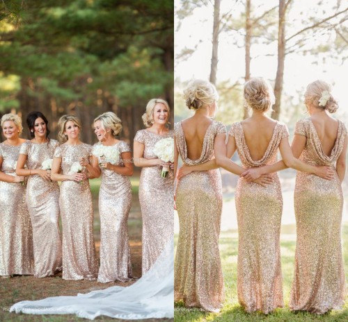 Свадьба - Stefanie's bridal party - custom made full length sequin gowns with boat neck and cowl back, and short junior bridesmaids dresses