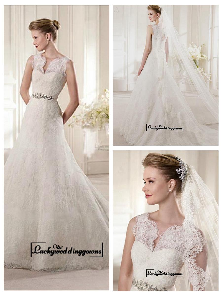 Wedding - Alluring Satin&Tulle A-line Illusion High Neckline Natural Waistline Wedding Dress