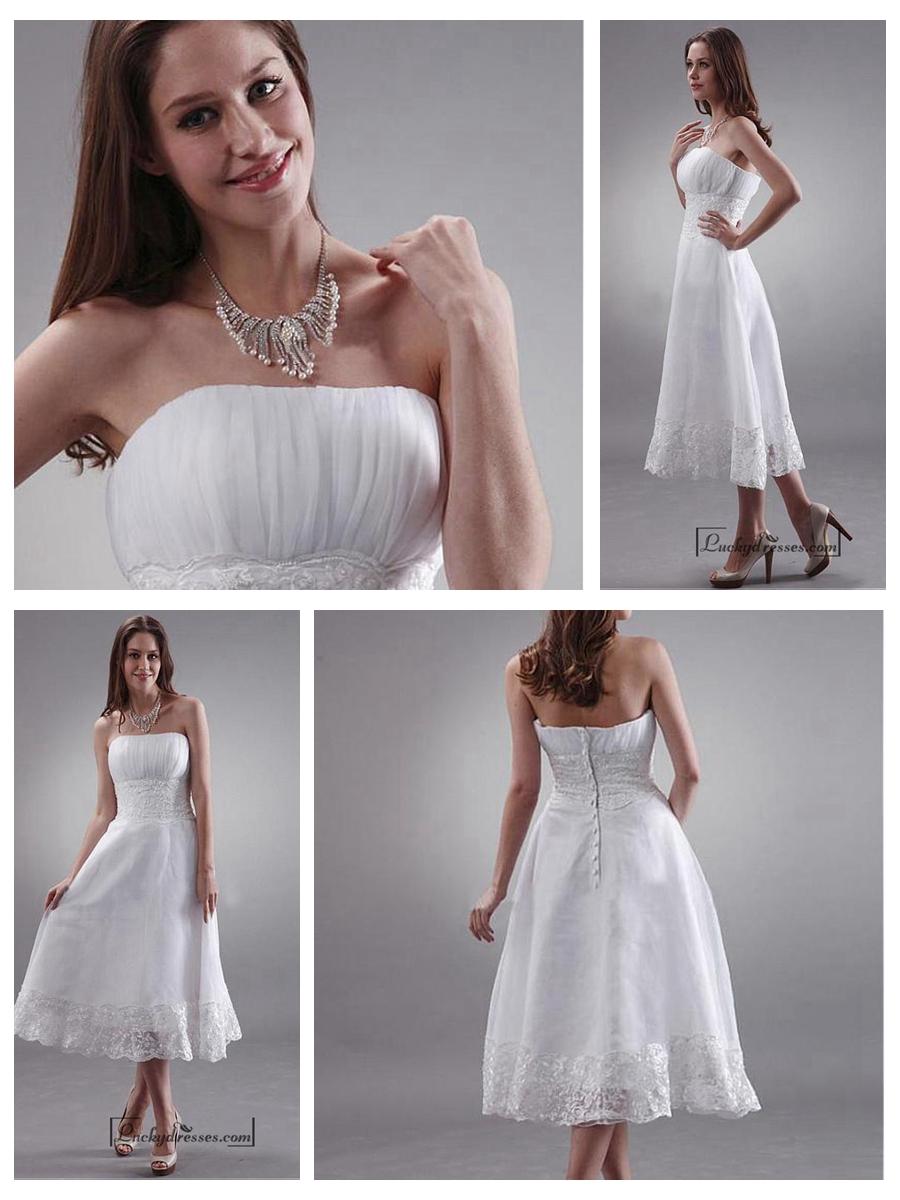 Hochzeit - Beautiful Organza & Lace A-line Strapless Empire Waist Tea Length Wedding Dress