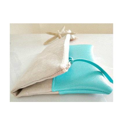 Wedding - Linen and faux leather foldover clutch Turquoise clutch Bridesmaid gift idea Grey linen clutch country wedding holiday cllutch gift idea