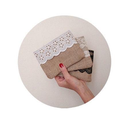 Mariage - Country wedding clutch Small burlap pouch with creamy white floral lace Bridesmaid gift rustic purse small cosmetic bag