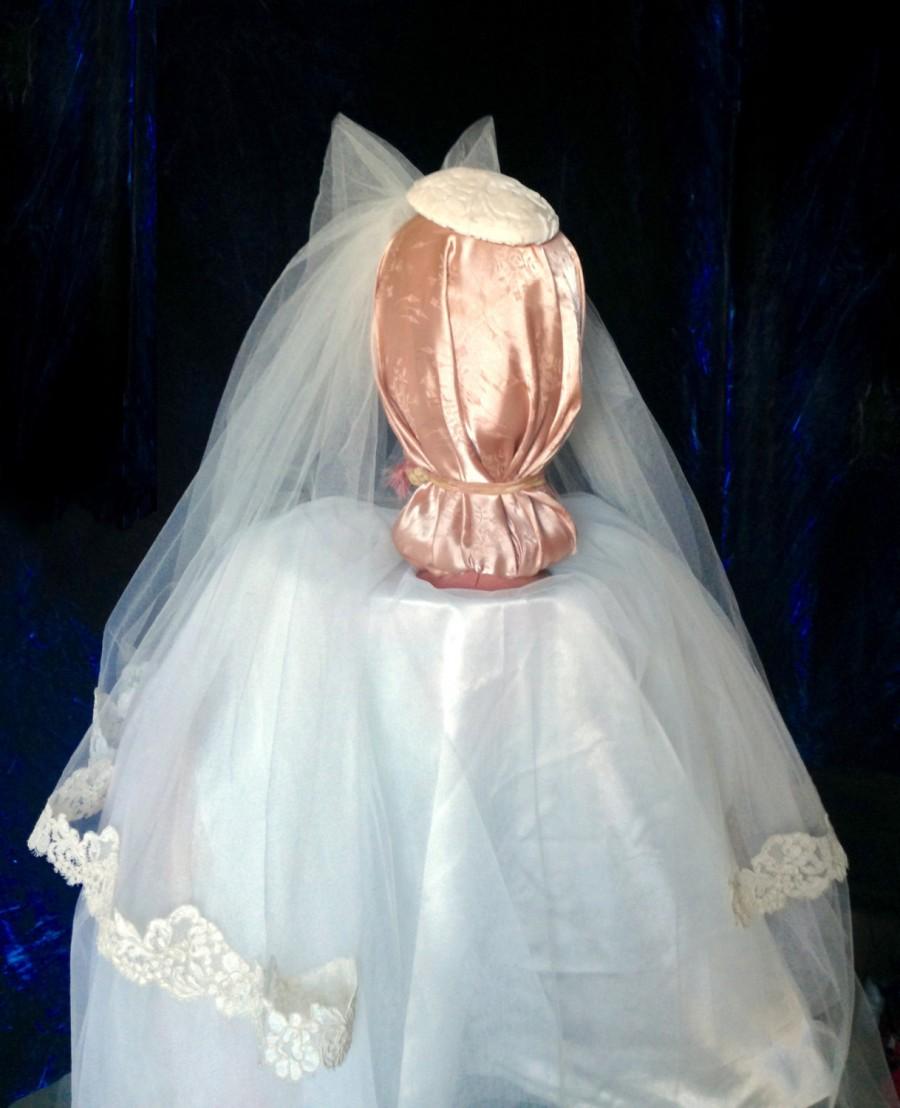 Hochzeit - Wedding Bridal Veil Custom Made - Vintage Antique Lace Imported Italian Burnt Velvet Teardrop Fascinator Ivory White Pink and Champagne