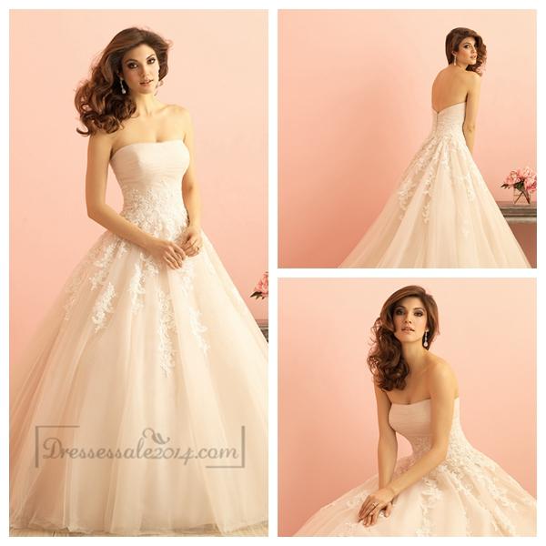 Свадьба - Strapless Ruched Bodice Lace Appliques Princess Ball Gown Wedding Dress