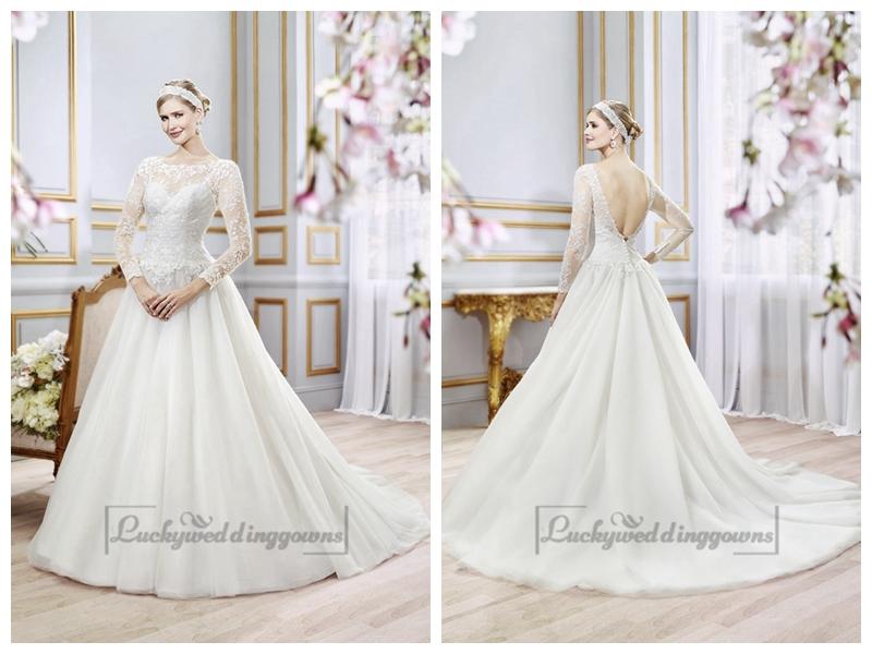 Hochzeit - Illusion Lace Long Sleeves Bateau Neckline Ball Gown Wedding Dress with Deep V-back