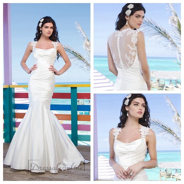Mariage - Lace Cap Sleeves Charmeuse Asymmetric Draped Mermaid Wedding Gown