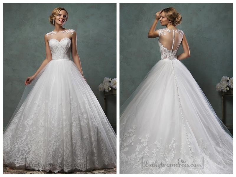 Mariage - Sheer Neckline Lace Appliques A-line Wedding Dress
