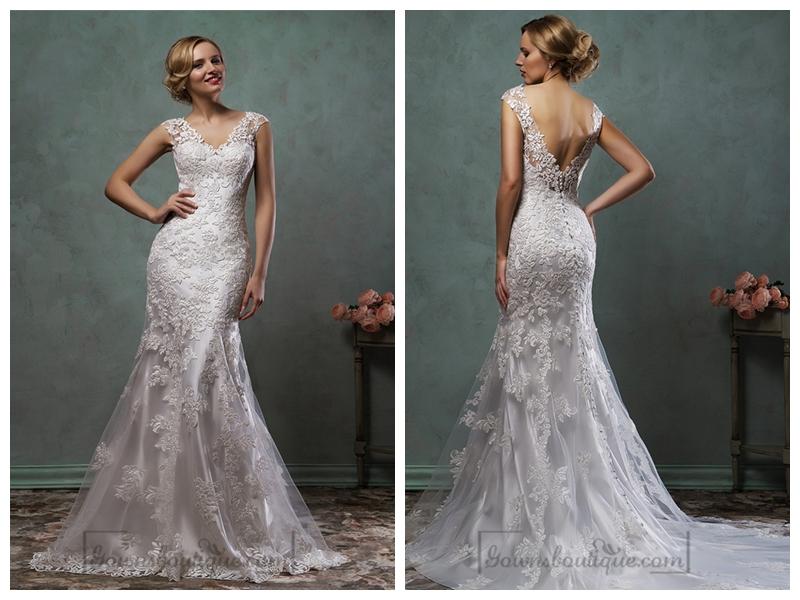 Wedding - Cap Sleeves V Neck Lace Embroidery Fit Flare Trumpet Mermaid Wedding Dress