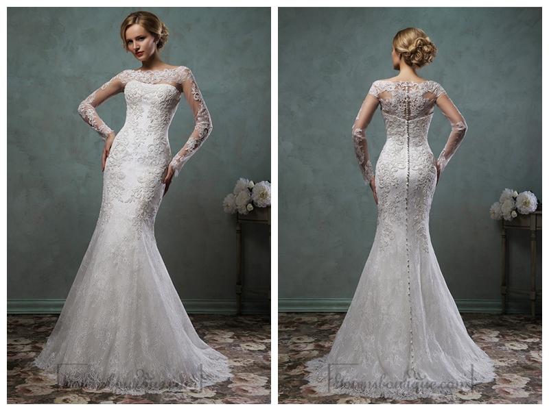 Mariage - Sheer Lace Sleeves Bateau Neckline Fit and Flare Trumpet Mermaid Wedding Dress