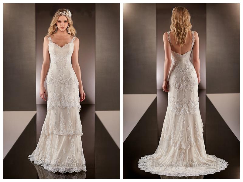 Hochzeit - Straps Dramatic V-neck Lace Over Wedding Dresses with Layered Scalloped Skirt