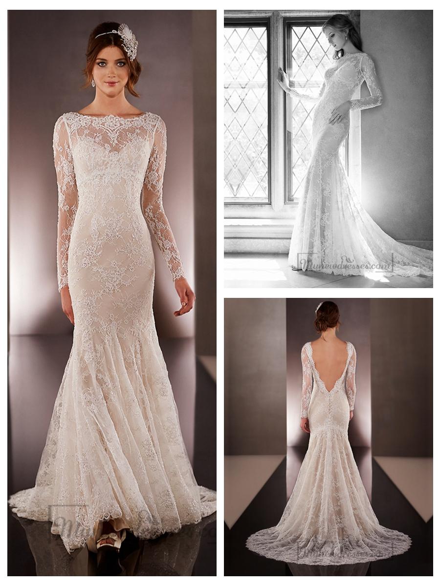 Mariage - Illusion Long Sleeves Bateau Neckline Embroidered Wedding Dresses with Low V-back