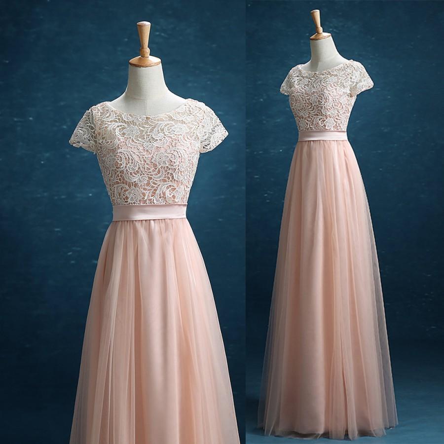 Mariage - 2016 Long Bridesmaid Dress Blush,Blush Lace Tulle Wedding Dress,Tulle Formal Dress, Blush Tulle Party Dress Floor Length