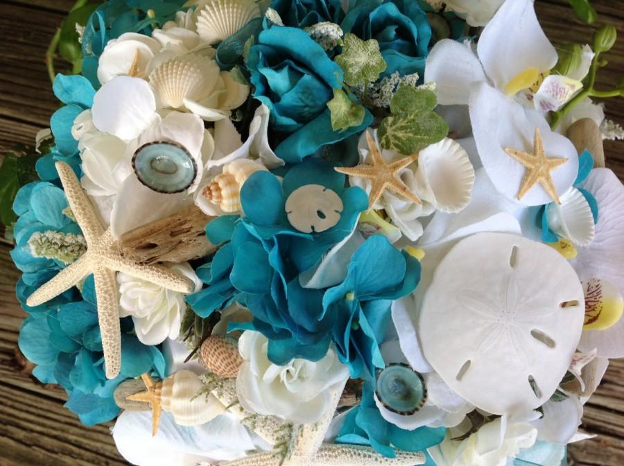 Hochzeit - Deluxe Driftwood and Seashell Turquoise and White Hydrangea and Orchid Beach Bridal Bouquet with Starfish