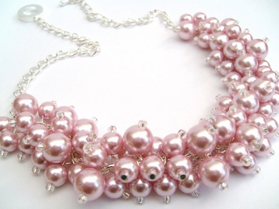 Wedding - Pearl Beaded Necklace, Bridal Jewelry, Cluster Necklace, Chunky Necklace, Bridesmaid Gift, Custom Colours - Pink  Pearls