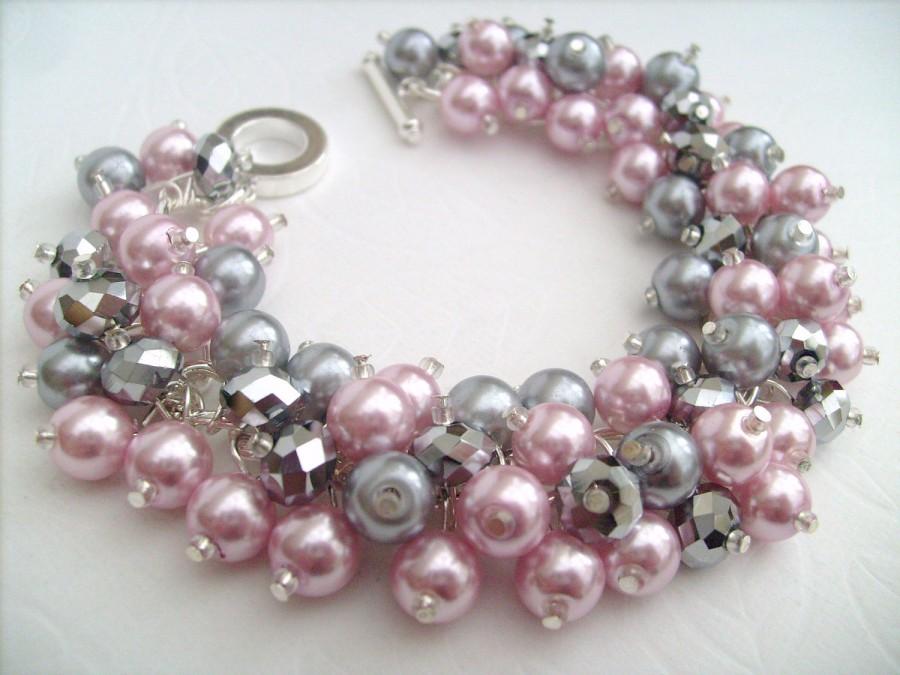 Hochzeit - Pink and Silver Bracelet, Pearl Bracelet, Bridesmaids Bracelet, Beaded Bracelet, Cluster Bracelet, Pearl Bracelet - Designs by Kim Smith