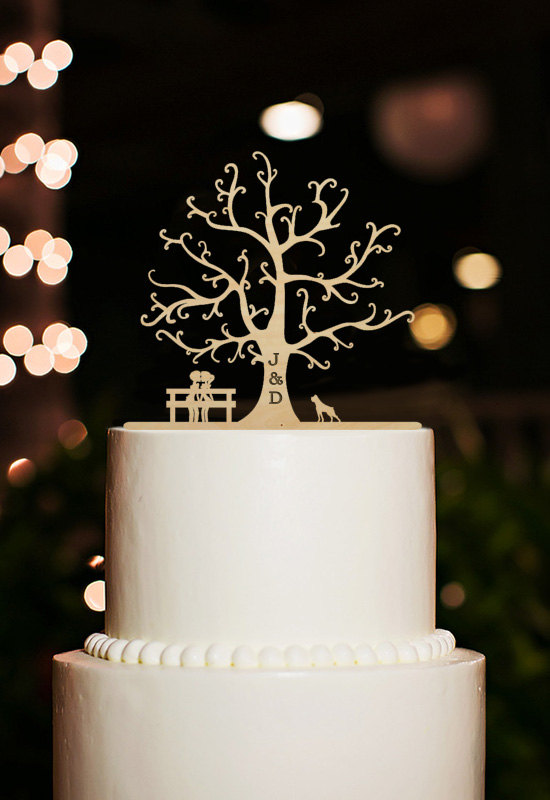 زفاف - Cherry Wood Tree Cake Topper,Silhouette Cake Topper Dog,Personalized Initial Cake Topper,Rustic Wedding Topper,Bride and Groom Cake Topper