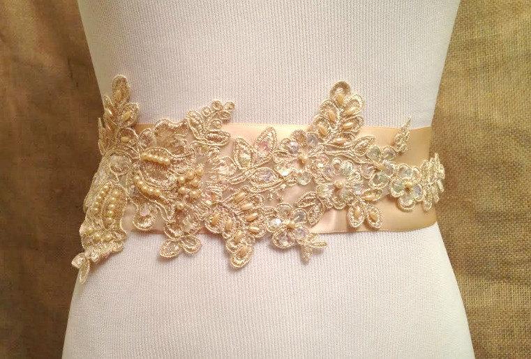 Hochzeit - gold lace bridal sash, beige lace sash, wedding sash, satin and lace sash, light gold bridal sash, champagne lace sash, weddings, belt