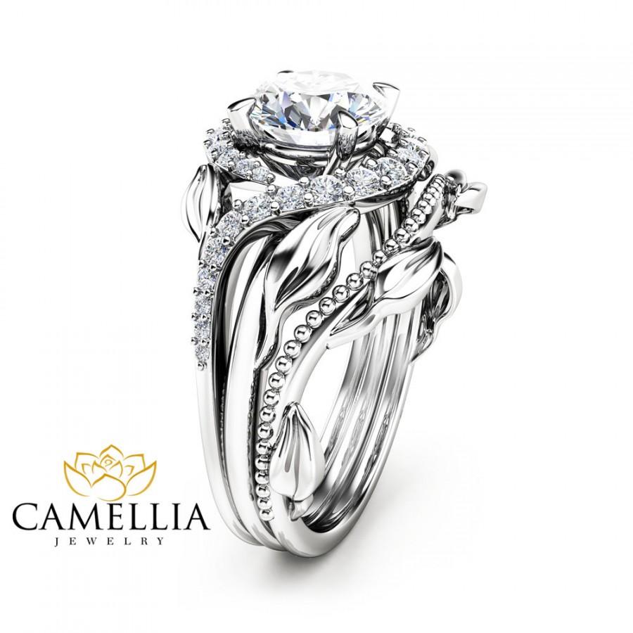 Hochzeit - Forever One Moissanite Engagement Ring Unique Moissanite Bridal Set 14K White Gold Nature Inspired Engagement Ring