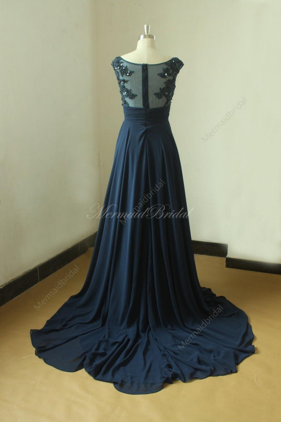 زفاف - Backless Navy blue A line chiffon lace wedding dress with illusion neckline