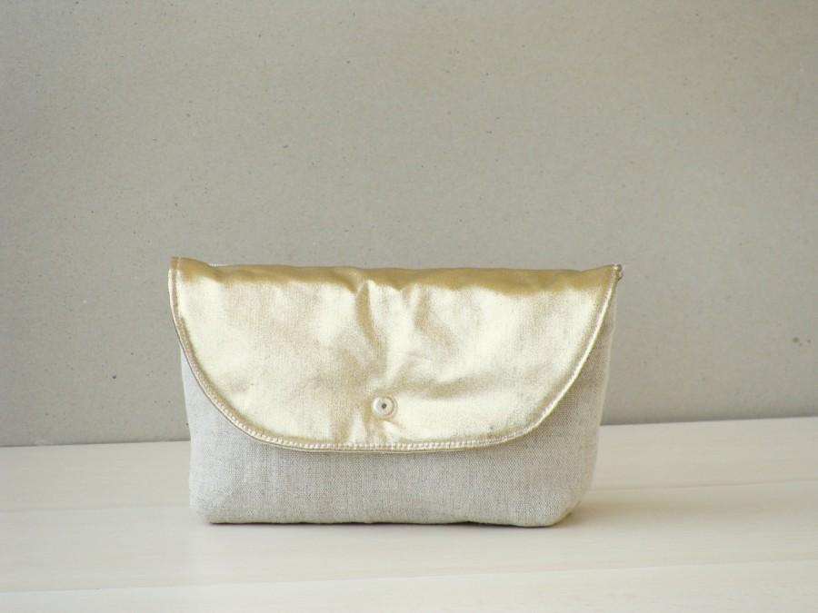 زفاف - Gold leather linen clutch bag, rustic wedding purse, vegan leather