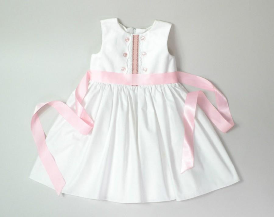 زفاف - White Cotton Dress with Pink Trim, Custom Order Flower Girl Dress or Special Occasion, Heirloom Dress, Vintage Inspired