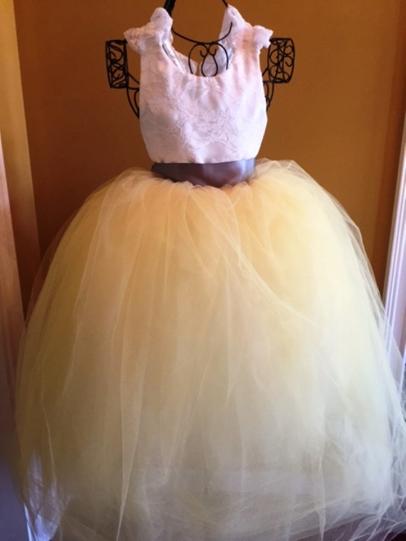 Wedding - Handmade custom tulle dress round neck white, yellow and gray-flower girl, fully lined 2T-girls 14 "The Pamela"Dixie Belles and Beaus