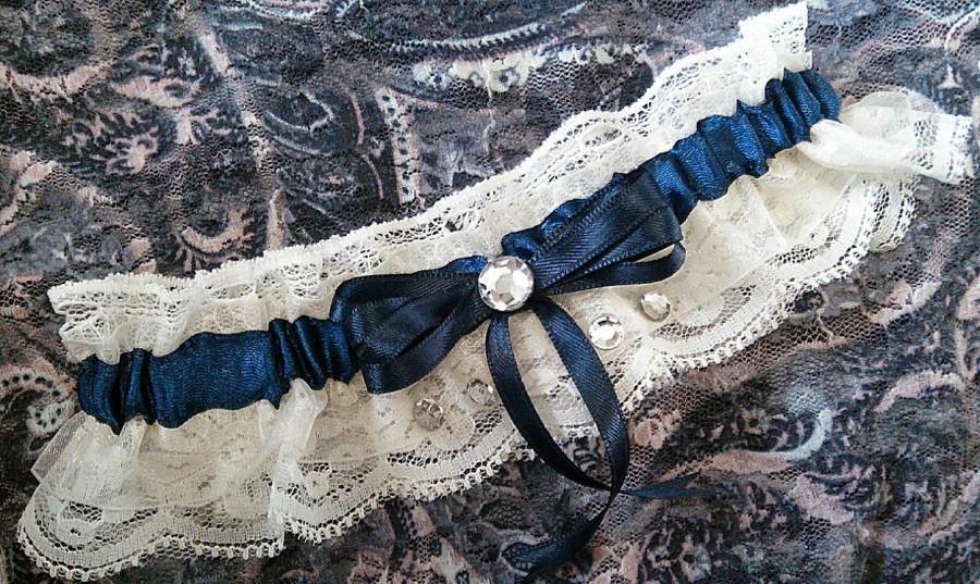 Hochzeit - Navy Blue & Ivory Lace Wedding Garter Crystal Midnight Marine Cream