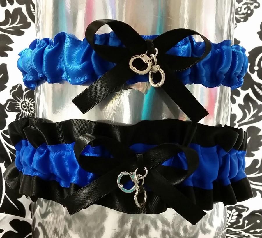 Hochzeit - handcuffs fine line police garter Black and Electric royal blue heart garter set - Wedding garter -