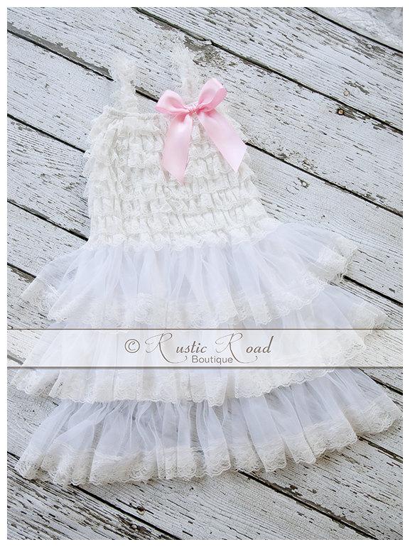 Hochzeit - White Lace Dress - PICK BOW COLOR - Vintage Rustic Wedding, Flower Girl Dress, Baby Girl Birthday, Christening Gown, Ruffle Dress, 6M-9yr