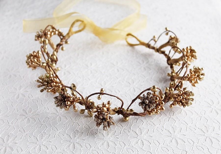 Wedding - Gold Berries Crown, Rustic Head Piece, Gold Woodland Crown, Bridal Head Wreath, Gold Boho Halo, Gold Hair Crown, Flower Girl Halo, Gold Halo