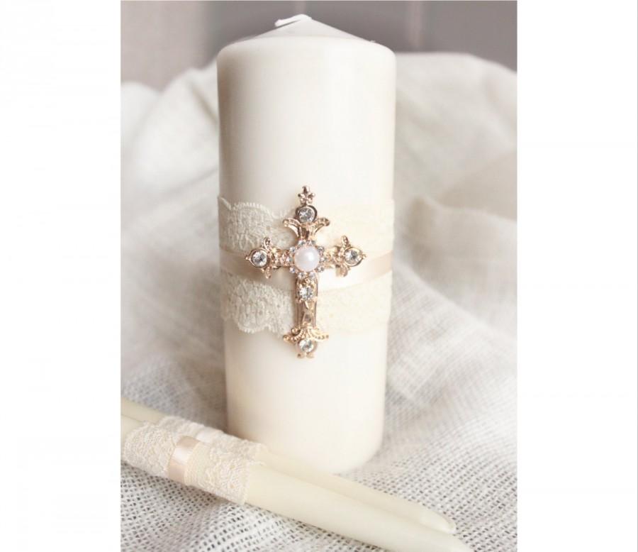 Hochzeit - Unity Candle Set Gold Cross Candle Set, Church Wedding Unity Candles for Wedding, Lace Unity Candle Set Gold Wedding Cross Christian Wedding