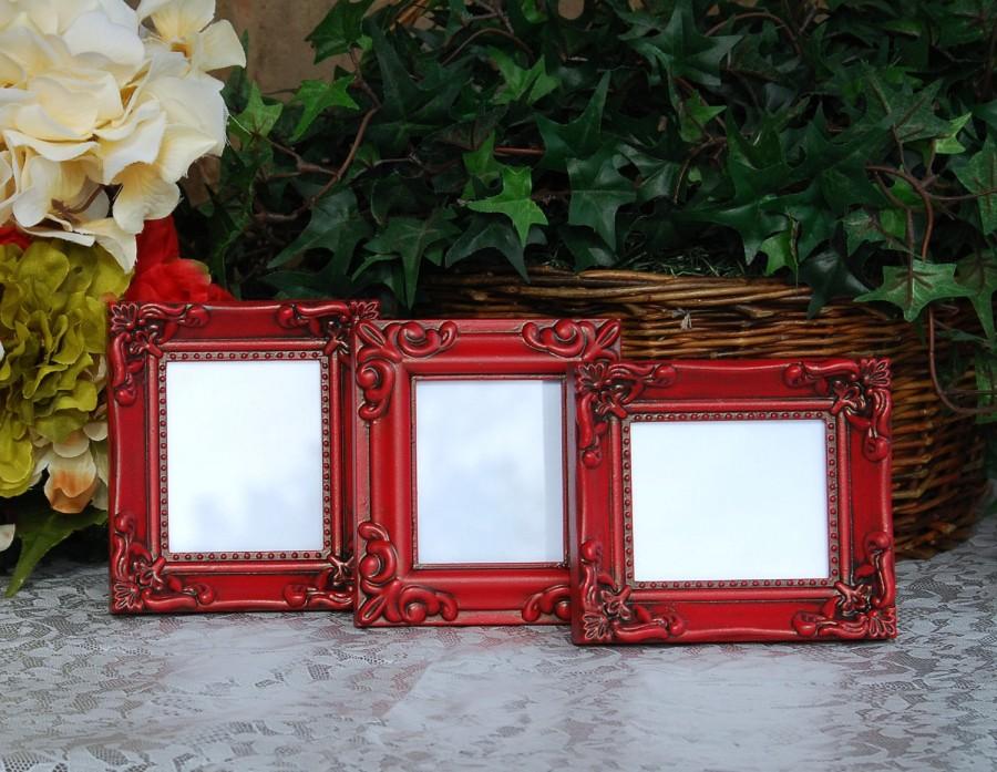 Wedding - Ornate wedding picture frames: Set of 3 vintage country cottage chic red hand-painted small decorative tabletop photo frames