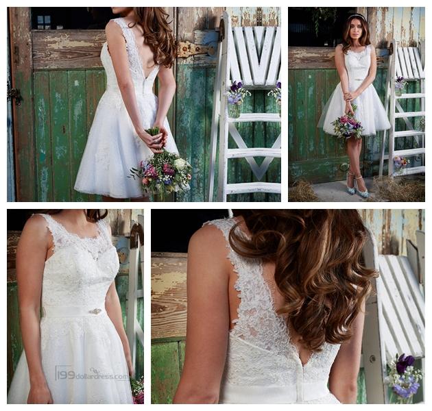 Hochzeit - Straps Bateau Neckline Knee Length Lace Wedding Dresses