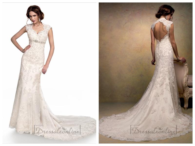 Свадьба - Cap Sleeves Sweetheart Scalloped Neckline Beaded Lace Wedding Dresses with High Keyhole Back