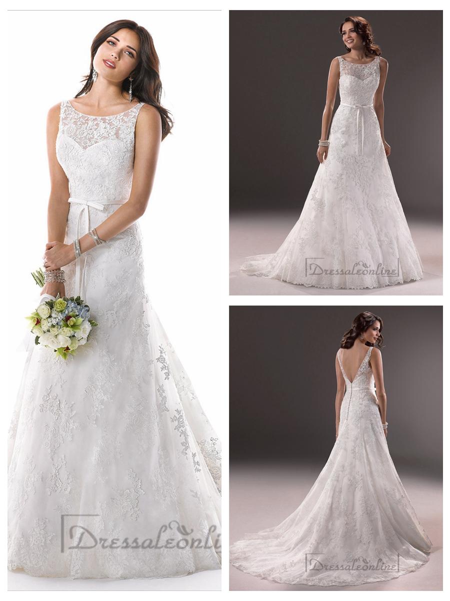Mariage - Romantic Illusion Bateau Neckline A-line Lace V-back Wedding Dresses
