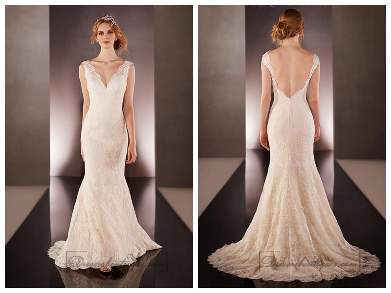 زفاف - Lace Straps V-neck Lace Wedding Dresses with Low V-back