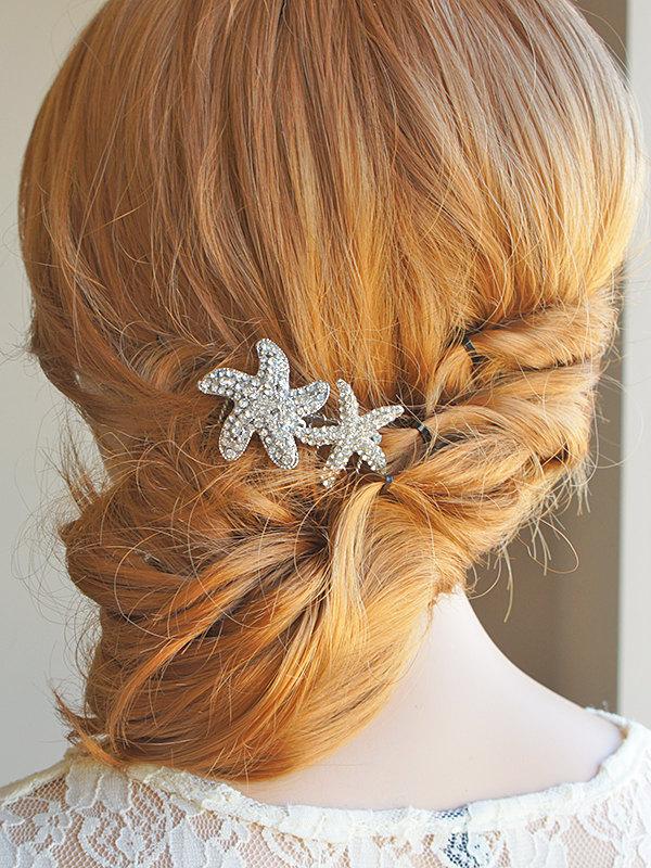 زفاف - STARFISH, Wedding Hair Comb, Beach Wedding Bridal Hair Accessories, Crystal Rhinestone Wedding Hair Jewelry, Vintage Style Silver Star Fish