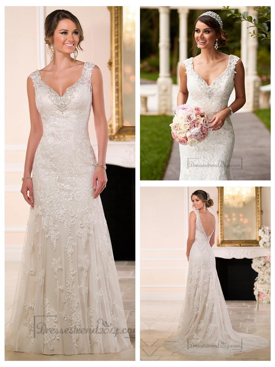 زفاف - Diamante Adorn Sweetheart Straps Lace Wedding Dresses with V-back
