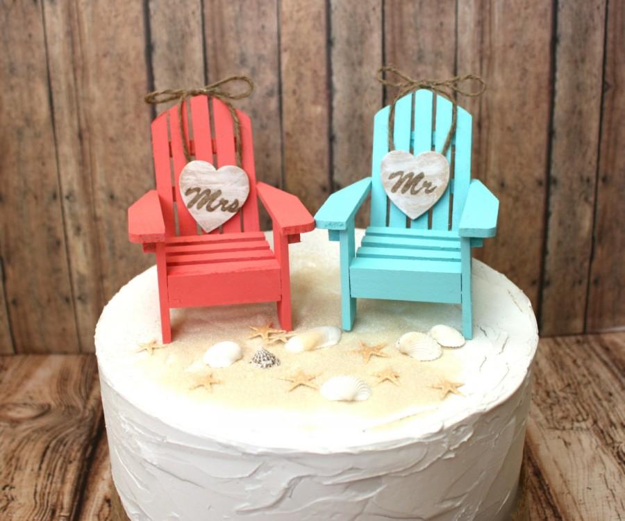 زفاف - Beach-wedding cake topper-Adirondack chairs-aqua-blue-coral-destination wedding-his and hers-bride and groom-beach wedding