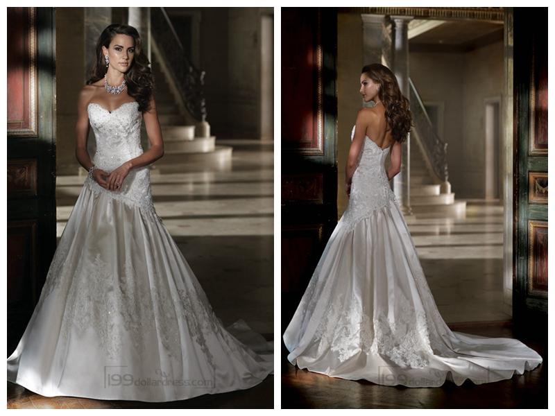 Mariage - Strapless A-line Sweetheart Lace Applique Beaded Wedding Dresses