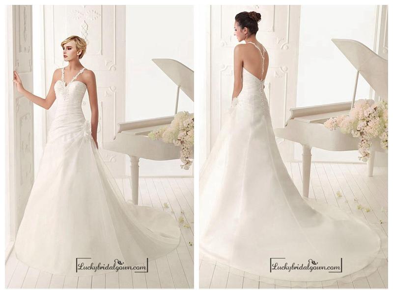 زفاف - Beautiful Organza Satin A-line V-neck Natural Waist Ruched Beaded Wedding Dress With Handmade Flowers and Lace Appliques