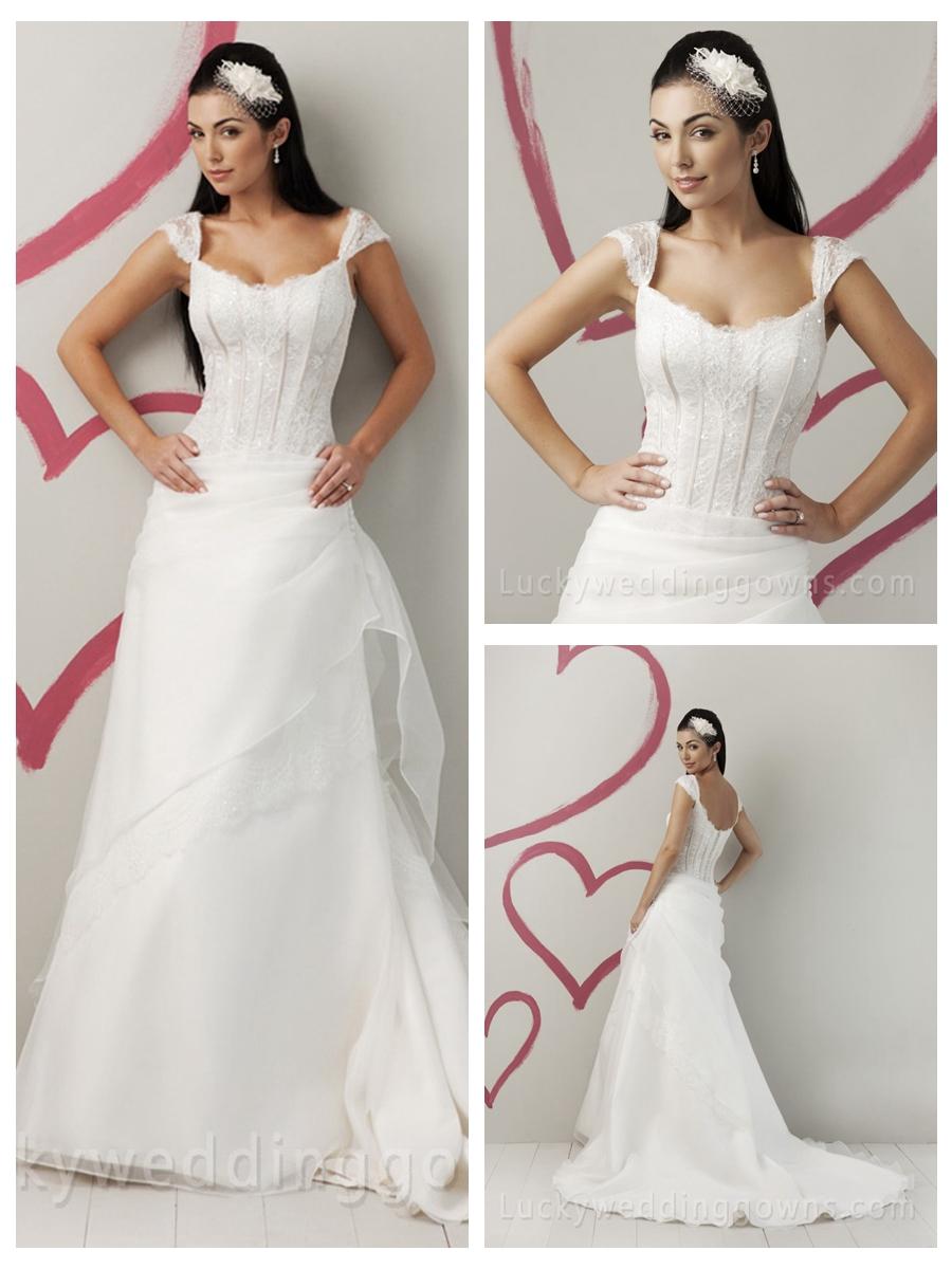 Wedding - A-Line Beaded Simple Summer Wedding Dress with Cap Sleeves and Scoop Neck
