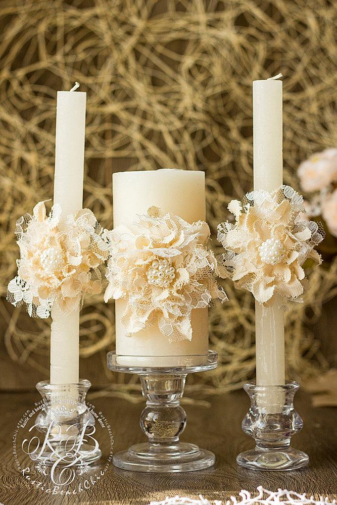 Wedding - Ivory wedding unity candles, handmade flower, rustic wedding ideas,wedding pillar candles,country, barn wedding, vintage candle set 3pcs