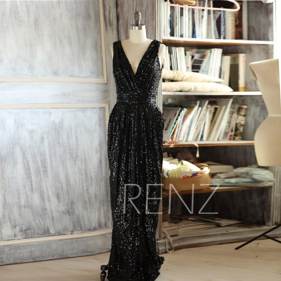 Wedding - 2015 Long Black Bridesmaid dress, Sleeveless Luxury Sequin Evening dress, V neck Metallic Sparkle Wedding dress, V Back Full length (TQ150A)