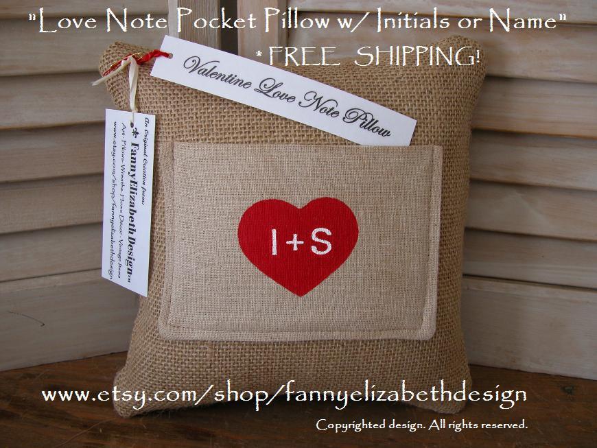 Mariage - Custom Love Note Pocket Pillow FREE SHIPPING-Custom Pillow-Valentine's Day-Valentine Gift- Burlap Pillow- Pocket Pillow-Valentine's Day Gift